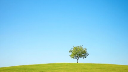 Obraz premium A solitary tree stands on a grassy hill beneath blue sky