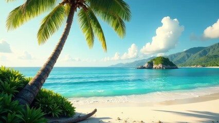 Fototapeta premium Serene tropical beach scene idyllic island paradise with pristine white sand, turquoise water, gentle waves, lush green palm tree, and a tranquil atmosphere, perfect for relaxation and escape