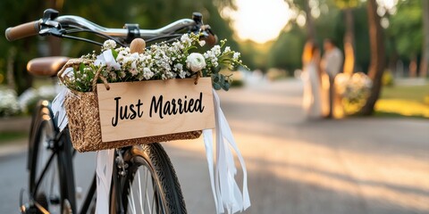 A bicycle adorned with flowers and a "Just Married" sign, set against a romantic outdoor scene featuring a couple in the background.