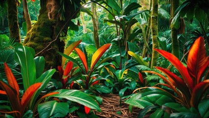 Obraz premium Lush tropical jungle with vibrant green foliage and colorful red and orange plants surrounded by tall trees and dense vegetation