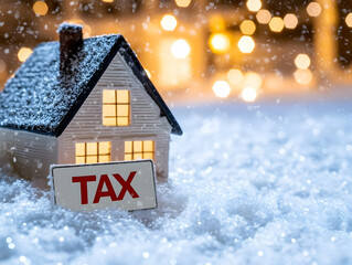 Snowy winter night, miniature house with 'TAX' sign, festive lights background; ideal for financial or real estate articles