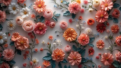 Colorful floral arrangement with various artificial flowers including roses, daisies, and leaves on a textured background.