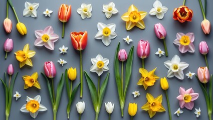 Obraz premium Colorful arrangement of various flowers including tulips, daffodils, and lilies on a gray background.