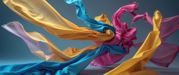 Obraz premium Colorful flowing silk fabric in motion with dynamic folds and drapes against a solid blue background