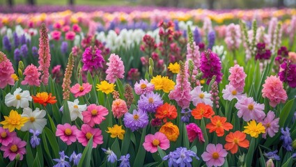 Obraz premium Colorful flower field with various blooming flowers including daffodils, hyacinths, and tulips in spring landscape setting