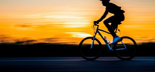 Fototapeta premium Silhouette of cyclist riding bike on road at sunset.