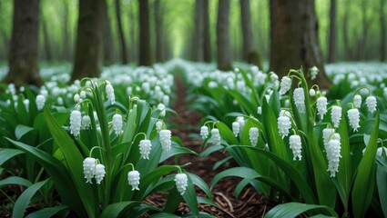 Obraz premium Lily of the valley flowers blooming in a lush green forest with a blurred pathway in the background