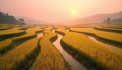 rice field at sunset