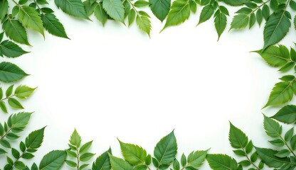 Fototapeta premium Beautiful green leaves framing blank white canvas on light background for natural-themed designs with copy space