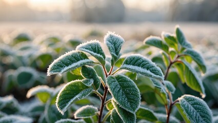 Frost-covered green leaves in a field during winter morning light with blurred background and soft focus on foliage