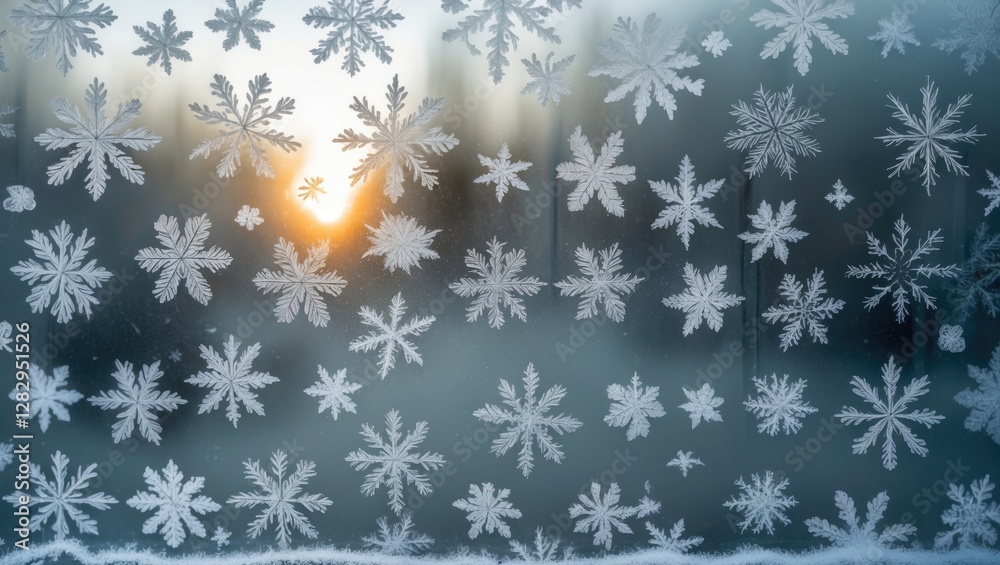 Poster frosted window with intricate snowflake patterns and a sunrise in the background creating a winter a