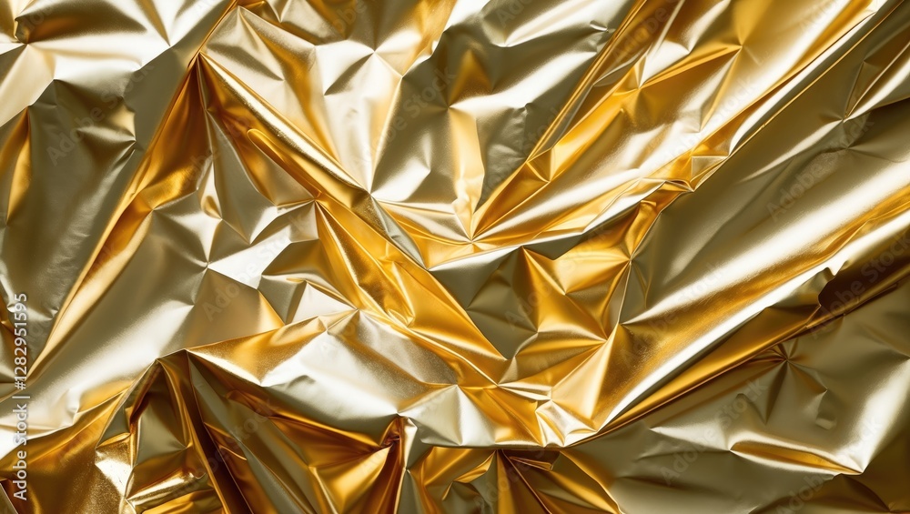 Poster golden metallic foil texture with crumpled and wrinkled surface reflecting light creating abstract p