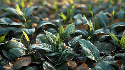 Obraz premium Green plant sprouts among large leaves in a natural setting with brown fallen leaves on the ground during daylight.