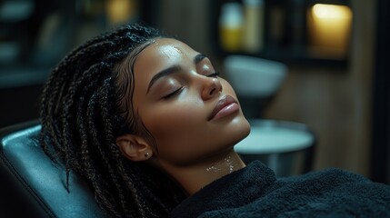 A woman with braided hair receiving a deep conditioning treatment in a chic urban salon, with warm lighting creating a cozy, hydration-focused atmosphere.