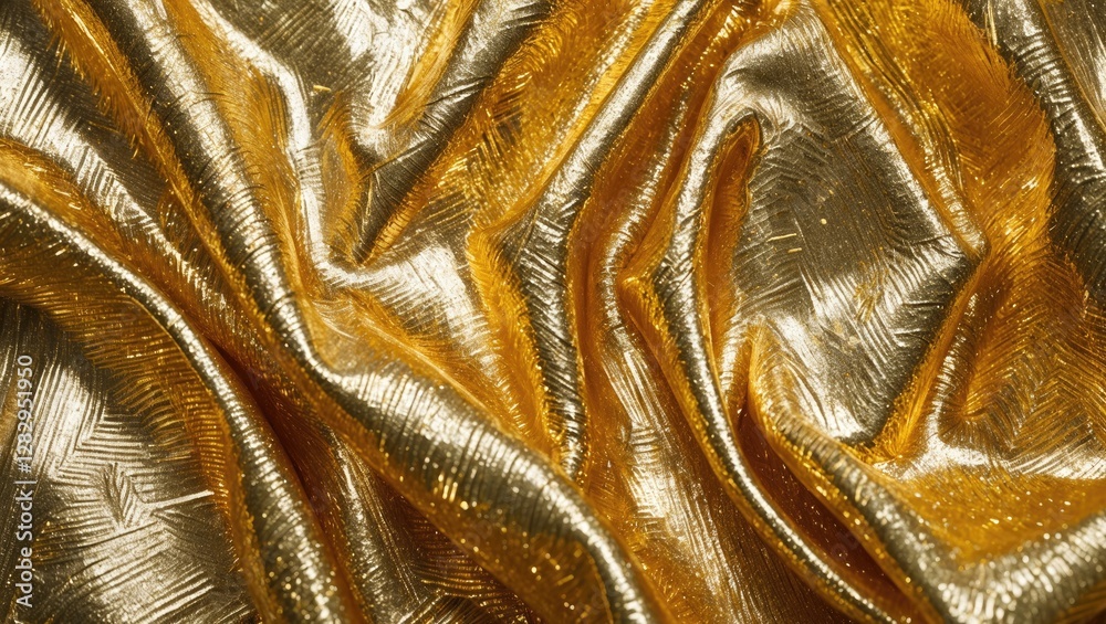 Poster textured gold metallic fabric draped in folds with intricate patterns reflecting light and creating 