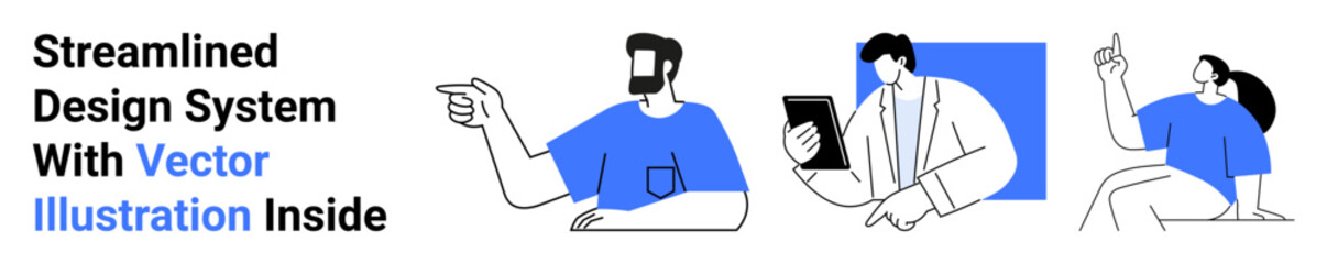 Three characters in blue and white attire engaging in different interactions pointing, using a tablet, and observing. Ideal for teamwork, collaboration, guidance, business, decision-making