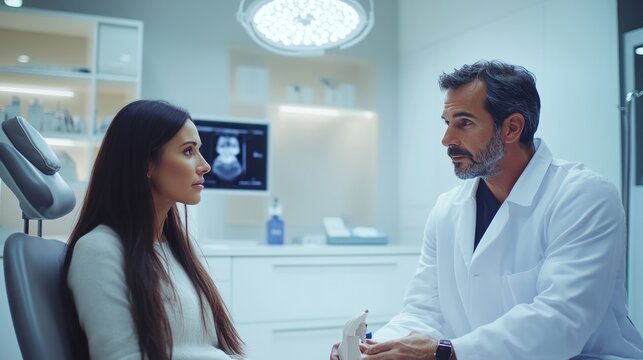 A patient discussing nose reshaping options with a cosmetic surgeon using a 3D model in a clinic consultation room, with clear lighting creating an informative and professional atmosphere.