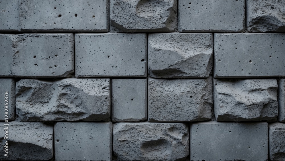 Poster textured concrete block wall with uneven surfaces and varying colors in a structured pattern