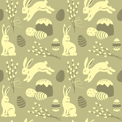 Happy Easter seamless pattern. Colorful vector background of bunnies, Easter cake and eggs, icons in pastel colors