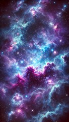 Fototapeta premium A dreamy cosmic background and wallpaper with glowing stars and vibrant nebulas in deep purples and blues