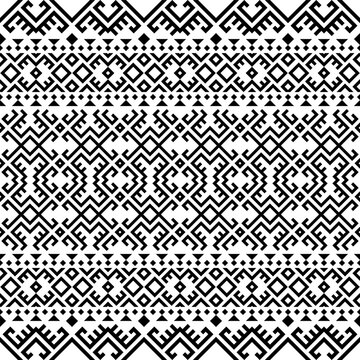 Seamless geometric tribal pattern with repeating square shapes, inspired by Aztec, Inca, and Navajo designs. Black and white modern ethnic motif, perfect for backgrounds, textiles, and digital art
