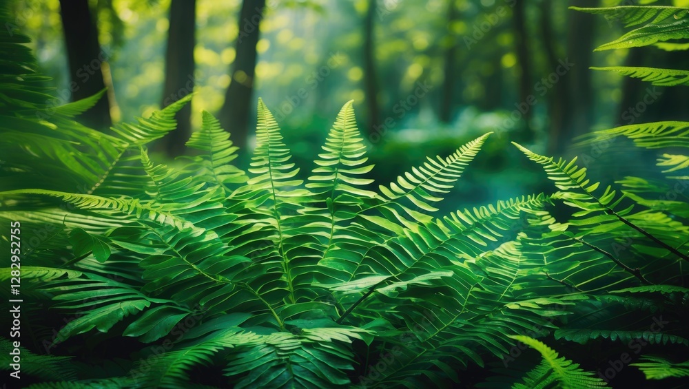 Poster lush green ferns in a tranquil forest setting with soft sunlight filtering through trees in backgrou