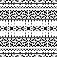 Aztec-inspired seamless pattern with bold geometric squares. Black and white tribal motif, perfect for textile prints, backgrounds, and graphic design projects