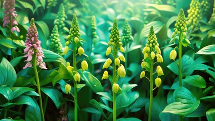 Obraz premium Close-up of vibrant green foliage with blooming flowers in various stages of development in a lush botanical garden setting
