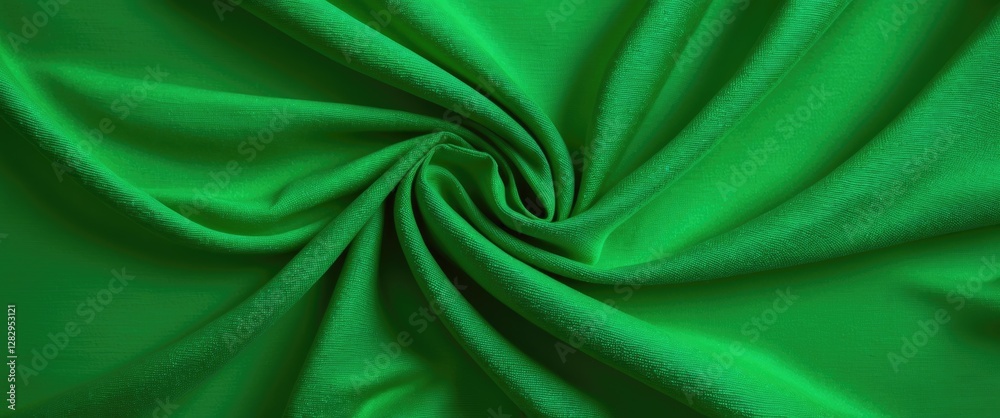 Poster green fabric texture with smooth wrinkles and folds creating a dynamic swirl pattern in the material
