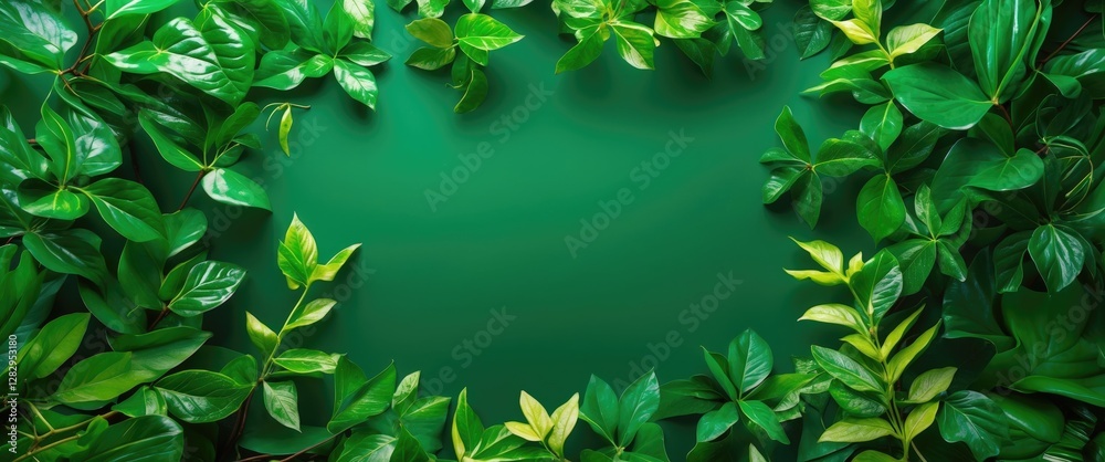 Poster green leafy frame on a solid green background creating a natural botanical border for design element