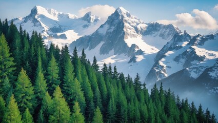 Obraz premium Snow-capped mountain range with dense green coniferous forest under a clear blue sky during daytime.