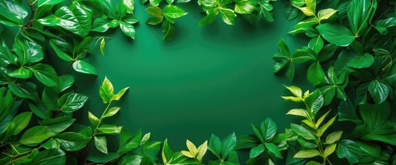Green leafy frame on a solid green background creating a natural botanical border for design elements or text placement.