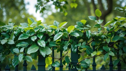 Obraz premium Lush green leaves climbing a wrought iron fence with a blurred natural background in a tranquil outdoor setting