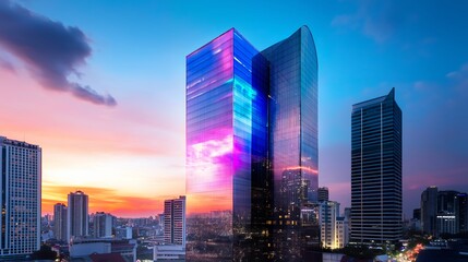 Modern Glass Skyscraper Reflecting Pink Sunset in a Vibrant Cityscape
