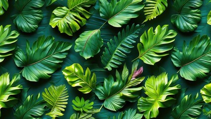 Tropical green leaf background seamless pattern with various plant leaves on dark green surface