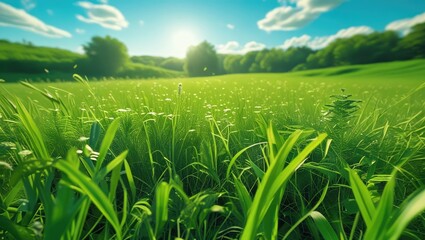 Fototapeta premium Lush green grass field under clear blue sky with sunlight illuminating the landscape in a serene natural environment