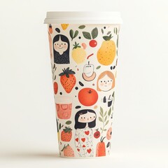 Fototapeta premium Whimsical Fruit and Girl Illustration on a Disposable Coffee Cup