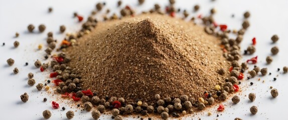 Ground spices arranged in a mound with whole peppercorns and crushed red pepper on a white surface