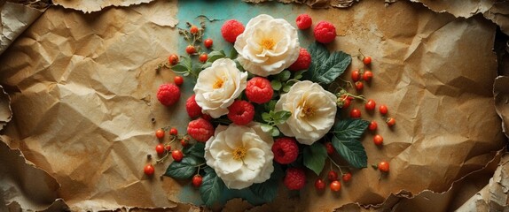 Floral arrangement of white roses, red raspberries, and decorative leaves on crumpled vintage paper background