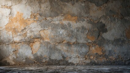 Fototapeta premium Textured grunge wall with chipped paint and stone floor in indoor setting for background or design use