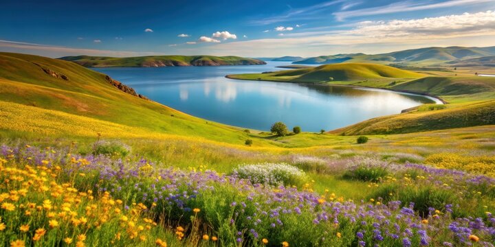 Rolling hills with wildflowers in the foreground and a serene lake in the background