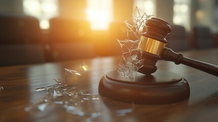 Close-up of a shattered glass gavel on a wooden desk, symbolizing broken justice, with a focus on legal system flaws and courtroom drama concepts.