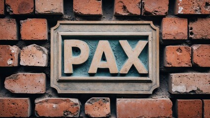 Fototapeta premium Vintage sign with the word PAX mounted on a textured brick wall background showcasing warm tones and rustic details.