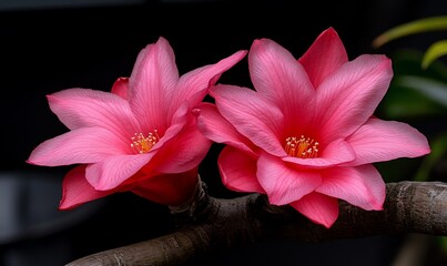 Two vibrant pink desert rose blooms on a branch.