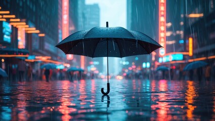 Urban nighttime scene with an open black umbrella in the rain surrounded by blurred neon lights and reflections on wet pavement.