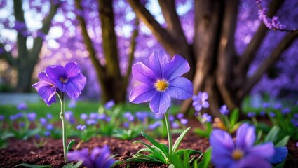 Purple flowers in a lush garden setting with a soft focus on vibrant blooms and blurred background of trees and blossoms.