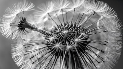 Obraz premium Close-up of a dandelion seed head in black and white highlighting fine details of seeds against a blurred background