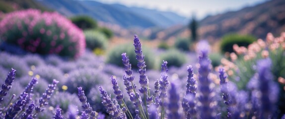 Obraz premium Lavender fields in bloom with purple and pink flowers against mountain backdrop on a sunny day