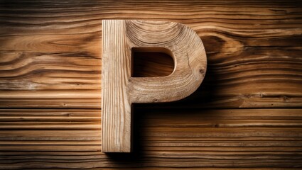 Wooden letter P on textured wooden background with natural grain patterns