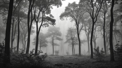 Foggy forest landscape with tall trees and mist creating a mysterious atmosphere in black and white.